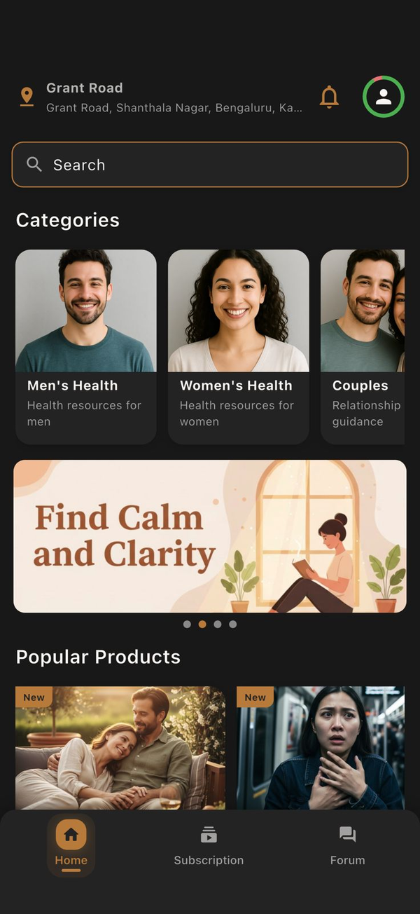 InnerLift app home screen showing therapy categories and wellness resources